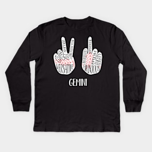 Gemini, Zodiac, June Birthday, Yin Yang, Peace Sign, Middle Finger Kids Long Sleeve T-Shirt